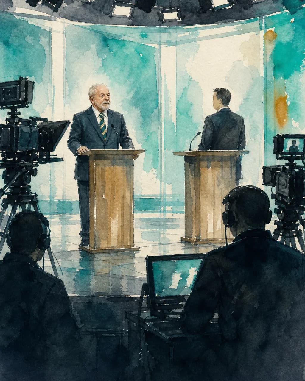 Luiz Inácio Lula da Silva y Flávio Bolsonaro se encuentran en un estudio de televisión antes de comenzar un debate.