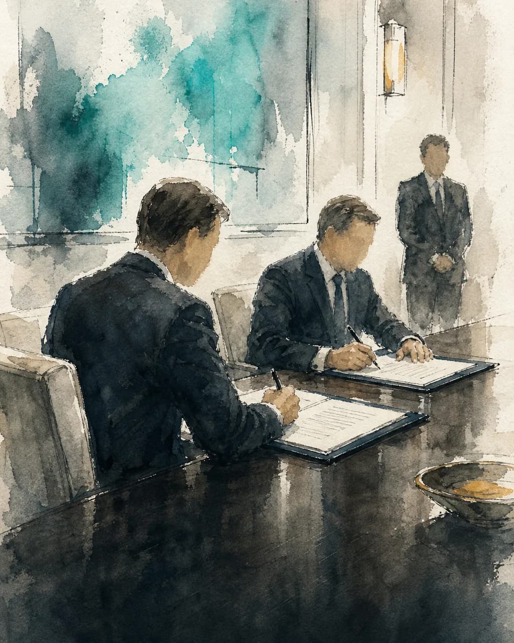 Dos funcionarios gubernamentales sentados en una mesa formal firman un documento diplomático conjunto.