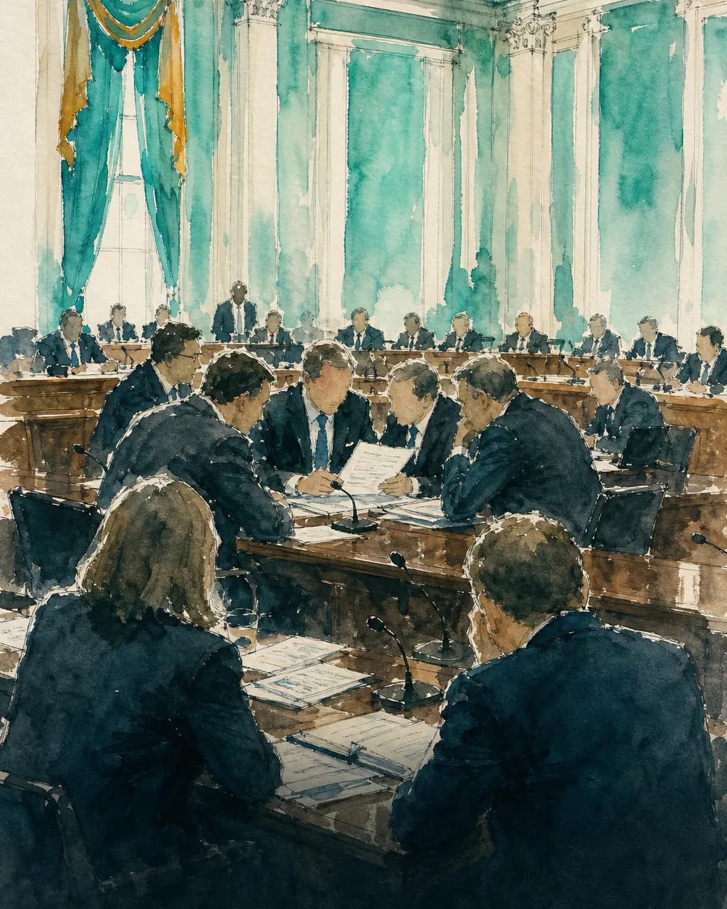 Legisladores se reúnen en un salón de comisiones del Congreso para firmar y debatir el dictamen sobre tierras rurales.